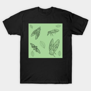 Mint and Black Cicada Leaves Pattern T-Shirt